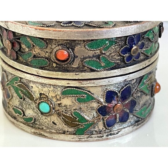 Antique Chinese Trinket Box Enamel Flowers Carved Tigers Eye Flower - Picture 13 of 14